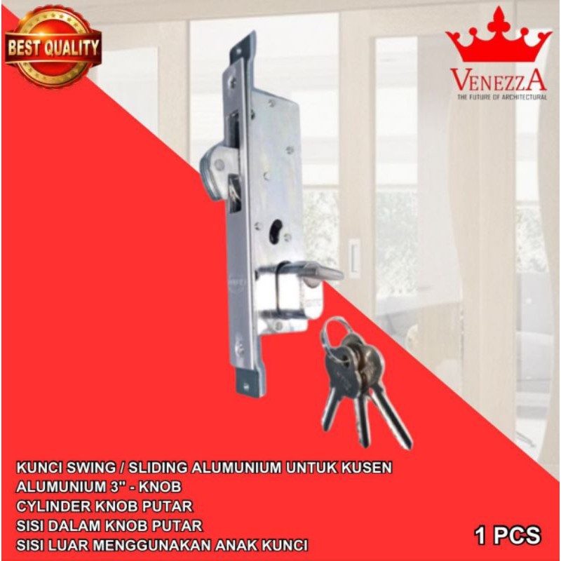Kunci Kait Pintu Sliding Geser Hook Aluminium Kusen 3 Cylinder 51mm