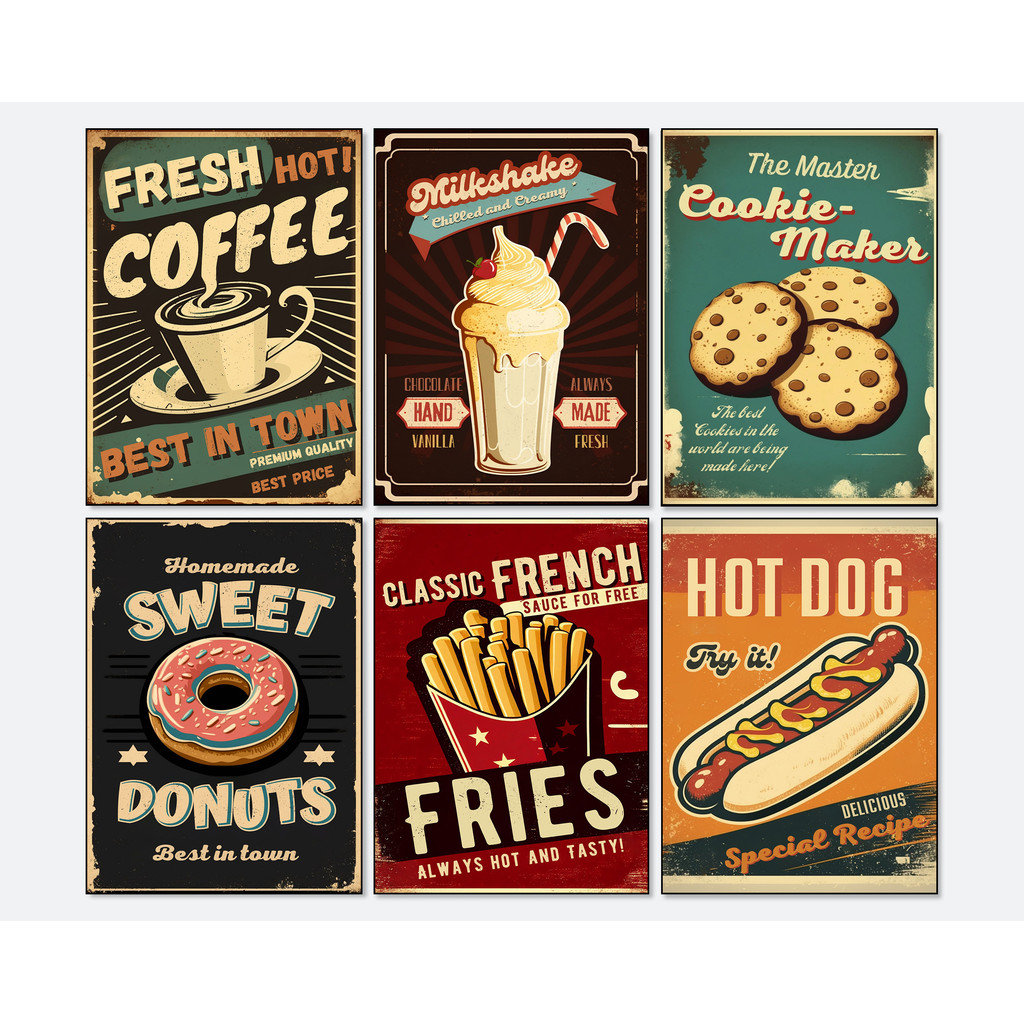 

Fast Food Hamburgers French Fries Series Vintage Foods Poster Print Canvas Art Pictures for Restaurant Decor Frameless Painting