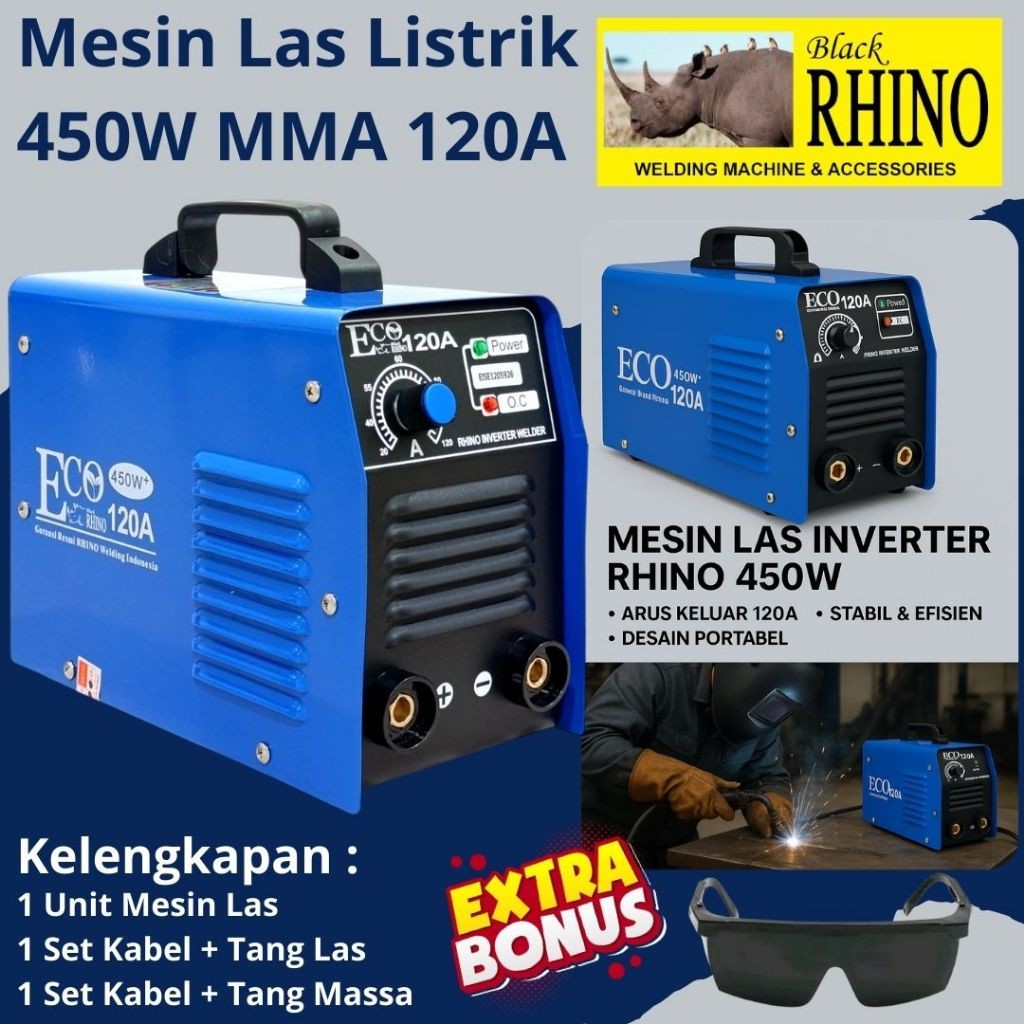 Mesin Las Rhino Mesin Trafo Las Inverter MMA 120A 450Watt Las Listrik 450 Watt Travo Las ECO 450W