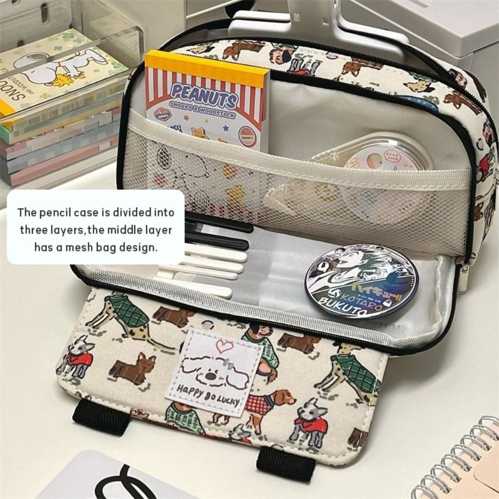 

High Quality Canvas Pen Bag Retro Puppy Flip Cover Pencil Case Large Capacity Cute Cat Stationery Bag Student