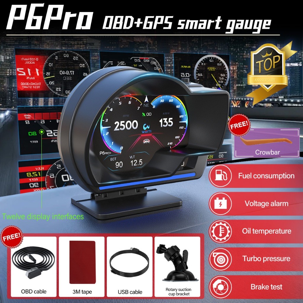 P6PRO Car Smart Gauge OBD2+GPS Smart HUD Sistem Ganda Smart Gauge Kode Kesalahan Bisa Dihapus Car La