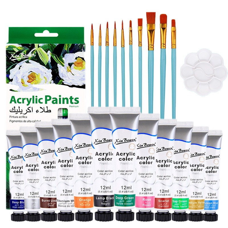 

12 Colors Acrylic Paints & Oil Paint with Brush&Palette 9/12ml Pigment Drawing Set Art Supplies for Artist Beginners