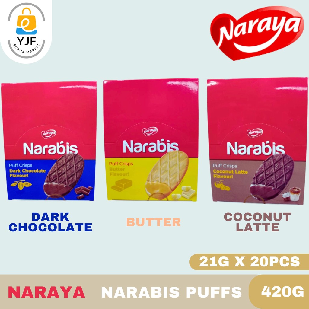 

Naraya Narabis Puff 21g -1BOX/20PCS [420G] / Puff Crips / Butter / Coconut Latte / Chocolatte / Biskuit / Cookies / Snack Import