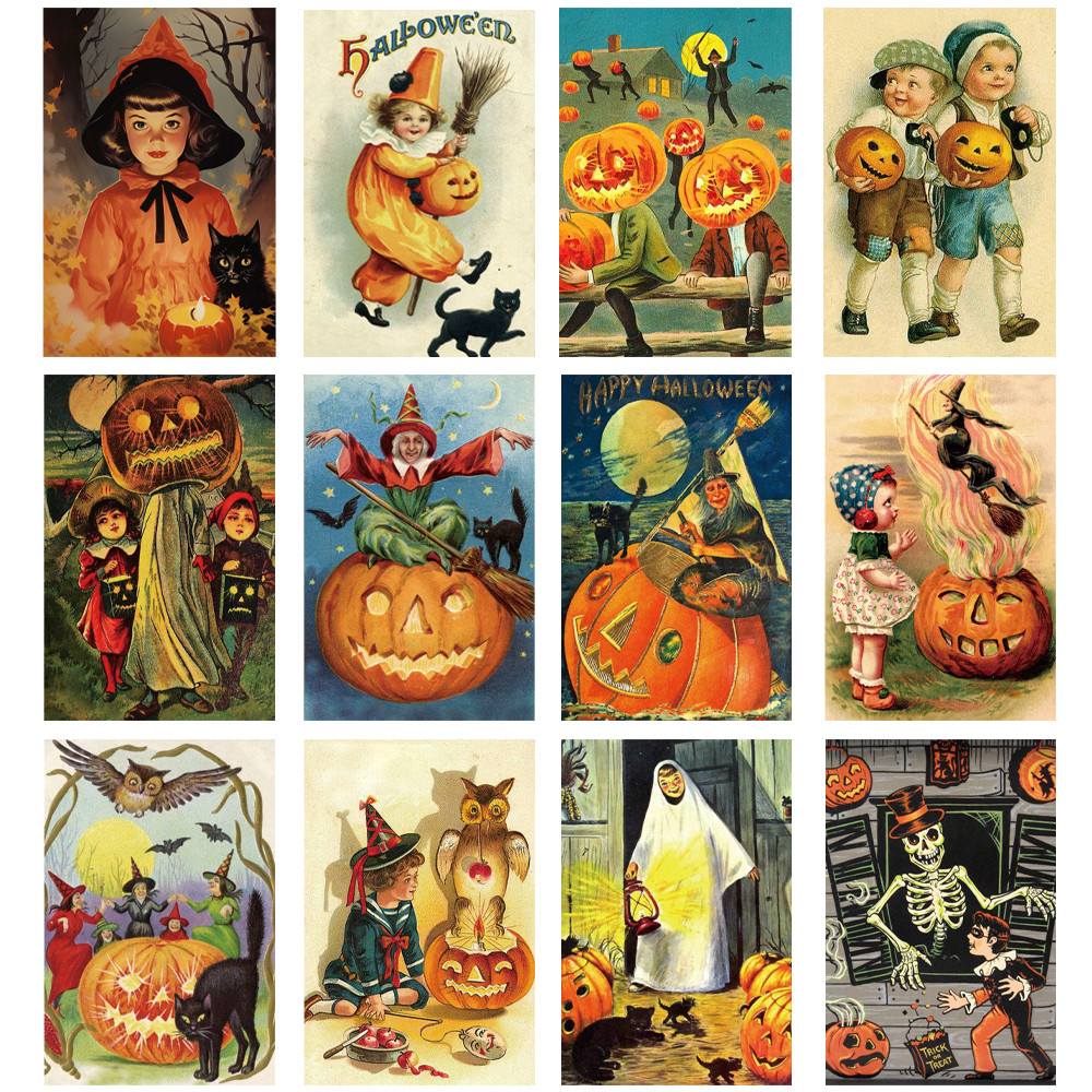 

12pc Halloween Vintage Greeting Card with Envelopes Retro Pumpkin Cat Invitation Postcard Blank Note Cards Halloween Party decor