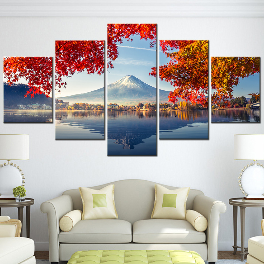 

5Pcs Wall Art Canvas Painting Colorful Autumn Season Mountain Fuji Picture Modern Home Decor Poster Room Decoration Photo Frame
