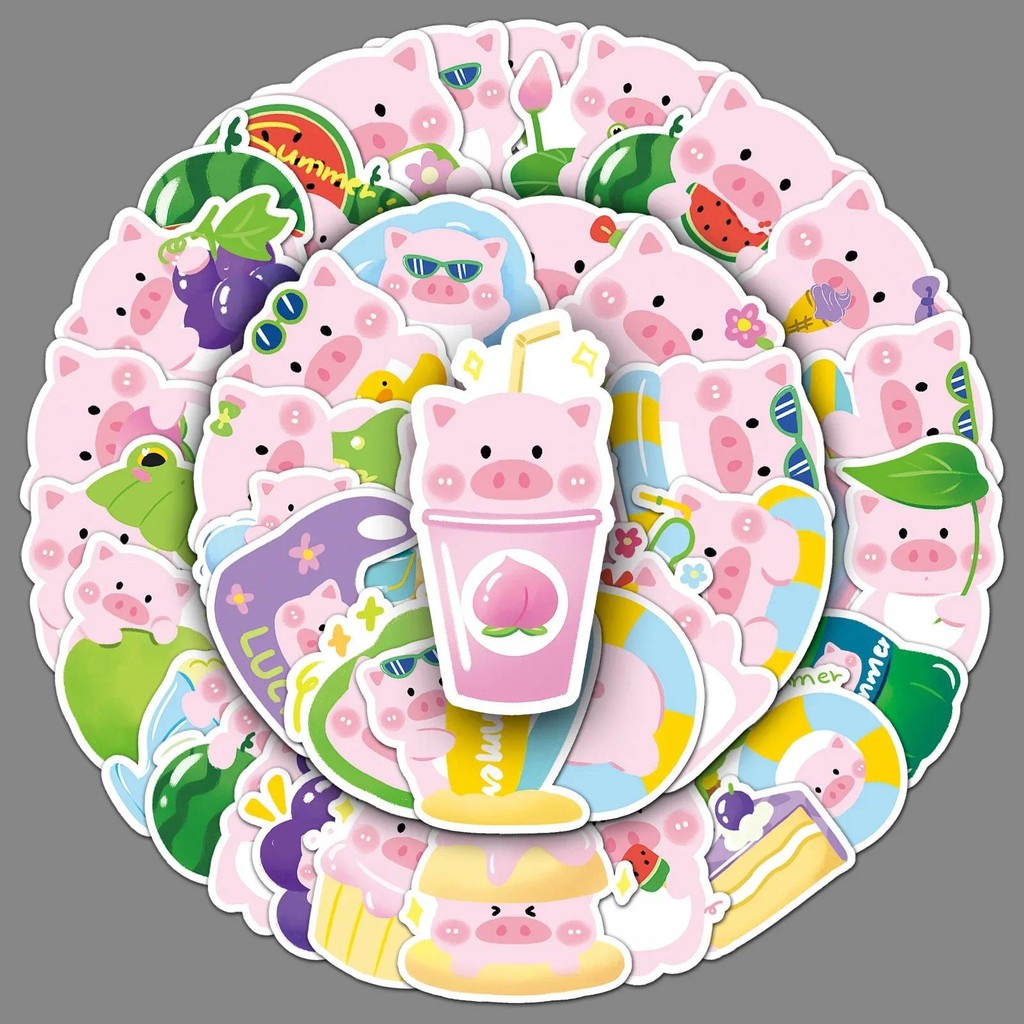 

Original Summer Pig Cartoon Stickers Pack of 50 Hand-Drawn Cute Decorative Water Cup Phone Creative Stickers Stationery