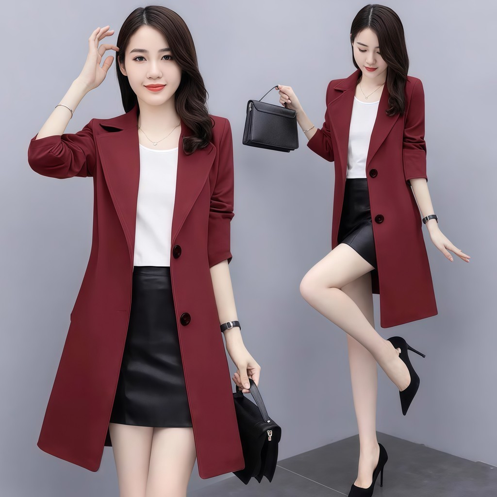 jaket outer maroon polos panjang formal wanita aesthetic baju outer merah jumbo kerja kekinian korea