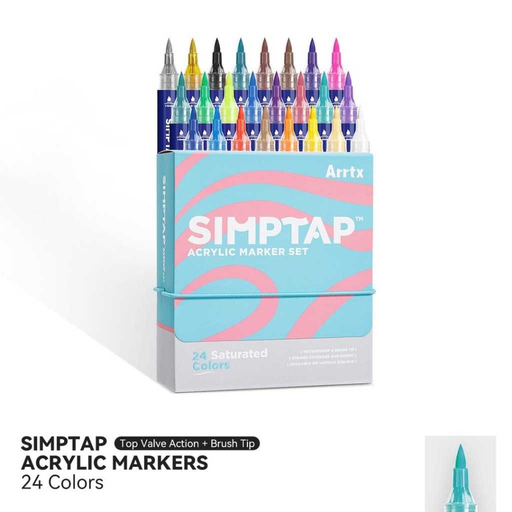 

ARRTX 24 Colors Simptap Acrylic Markers Top Valve Action Brush Tip Paint Pens