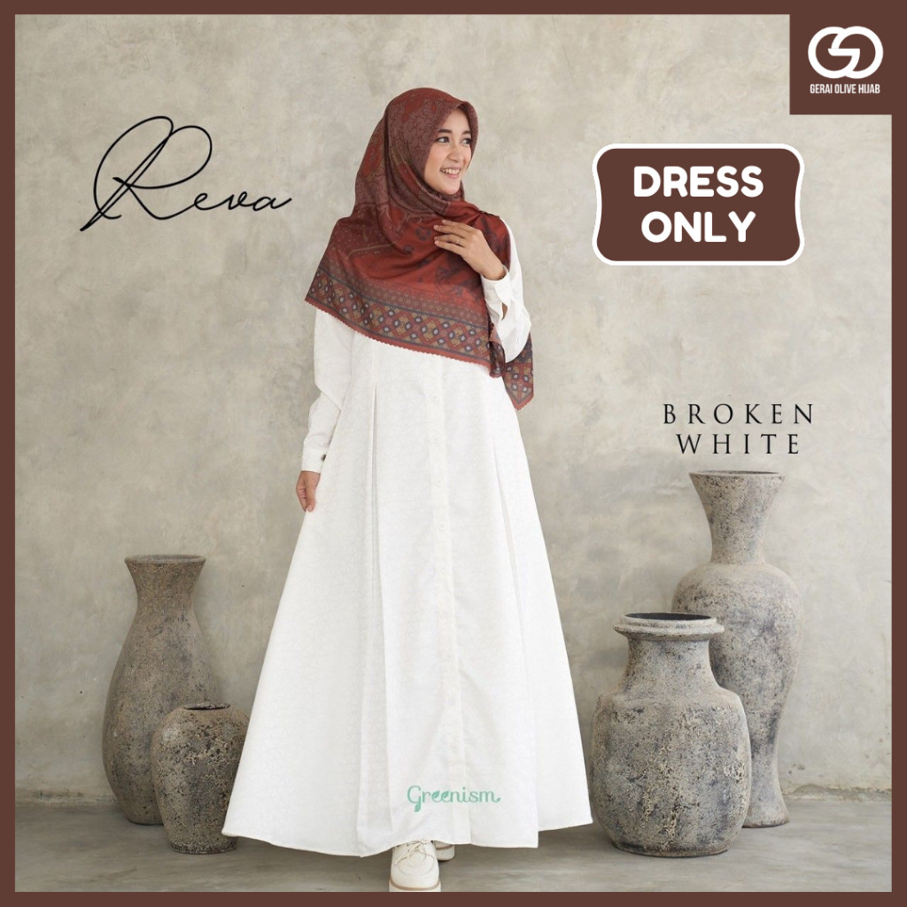 Dress Greenism Reva Gamis Putih Full Kancing Bahan Toyobo Mewah