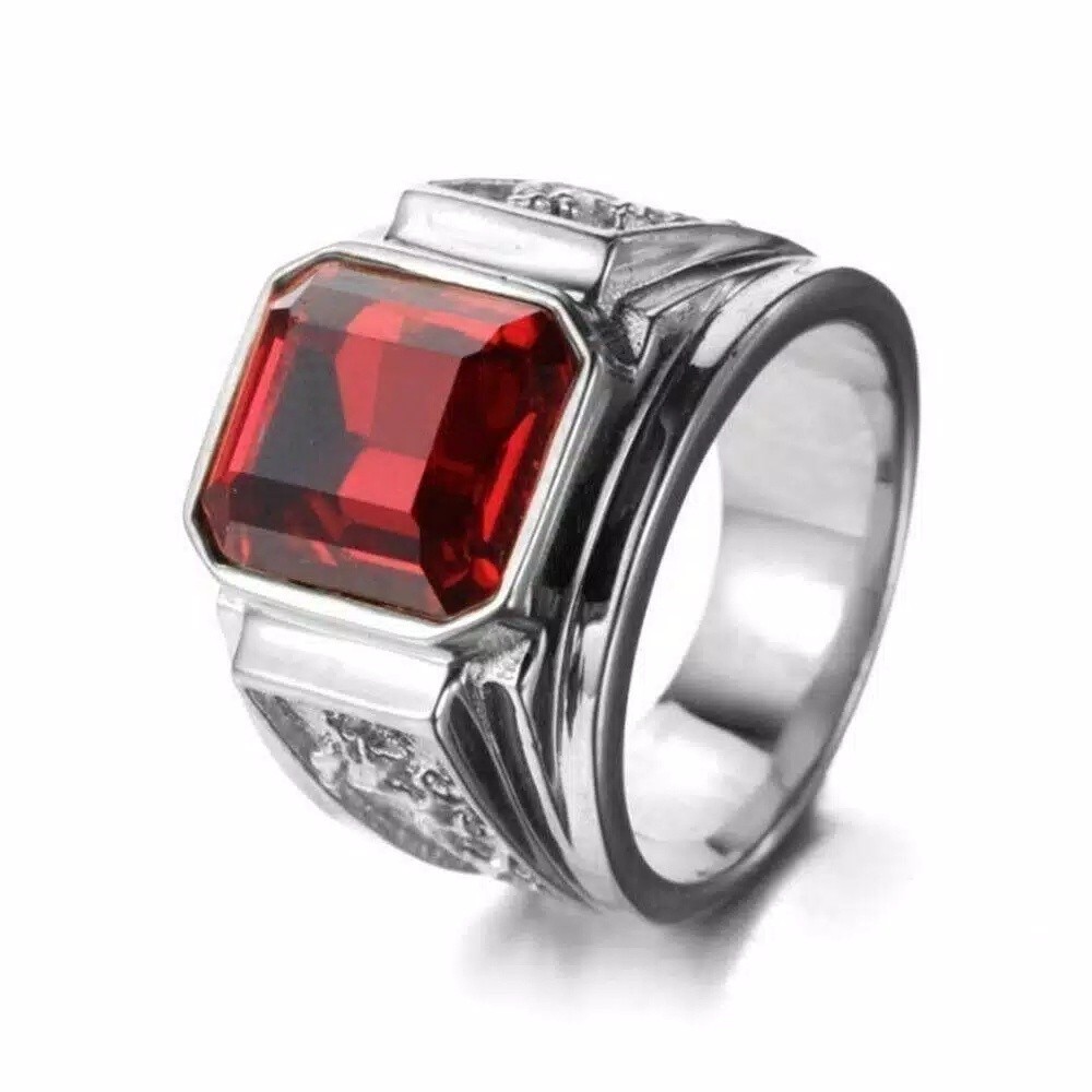CINCIN TITANIUM PRIA PERAK NAGA BATU RUBY RED GARNET PREMIUM C100