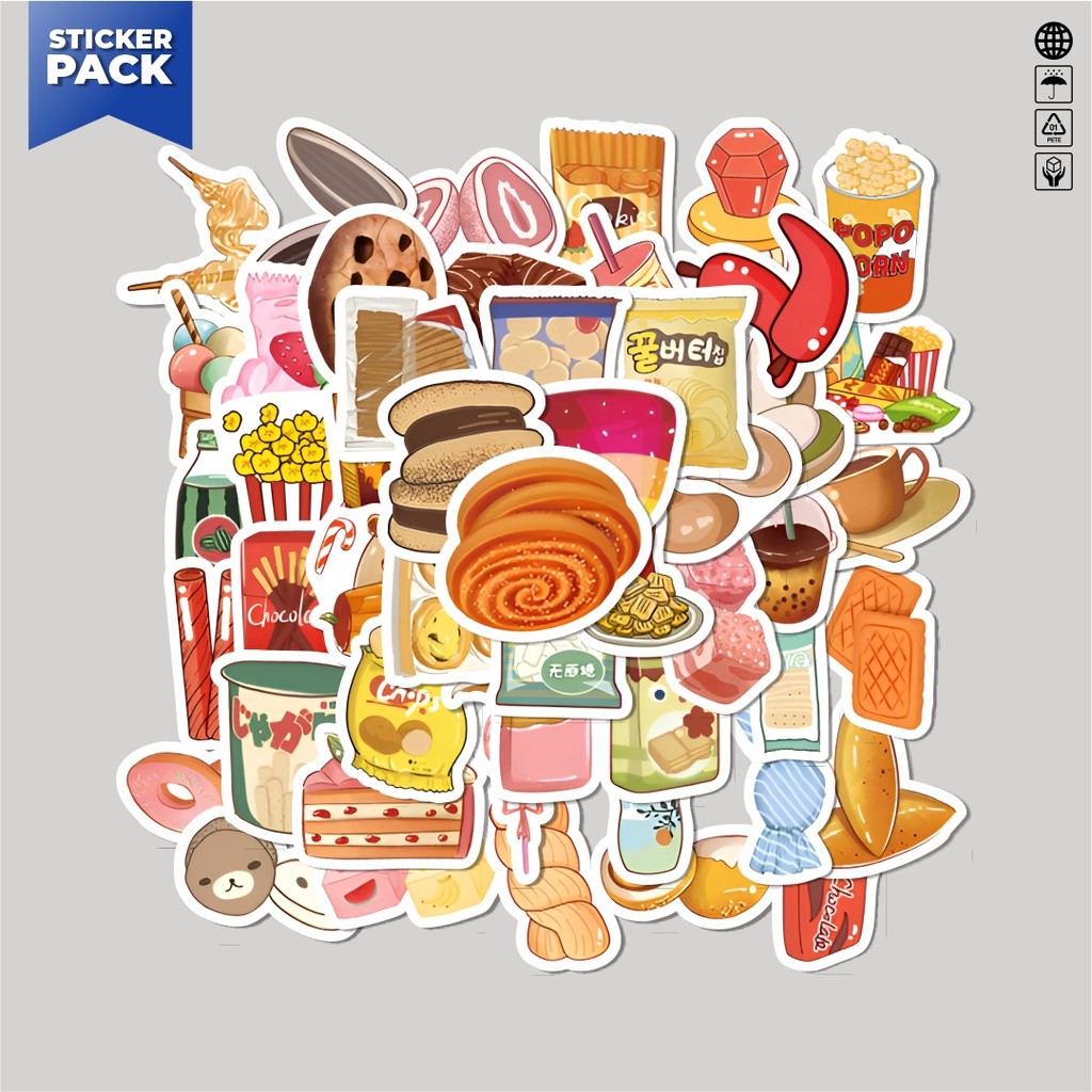 

[100PCS]Stiker Pack Stiker Cemilan Makanan Santai Aesthetic Vinyl Anti Air Dekorasi Sticker Laptop Buku Journal Koper Helm Casing HP Gitar Helm Skateboard