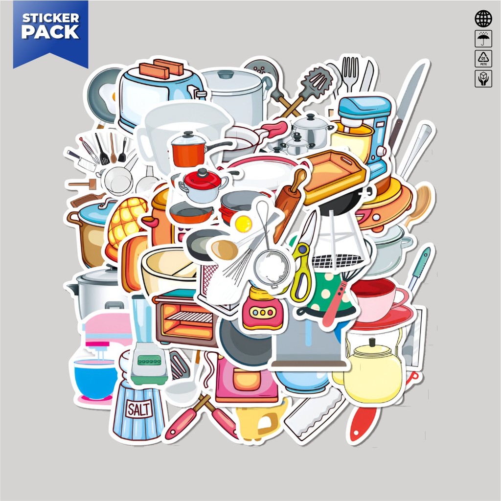 

[100PCS]Stiker Pack Stiker Kitchen Set Tool [Alat Set Dapur] Aesthetic Vinyl Anti Air Dekorasi Sticker Laptop Buku Journal Koper Helm Casing HP Gitar Helm Skateboard