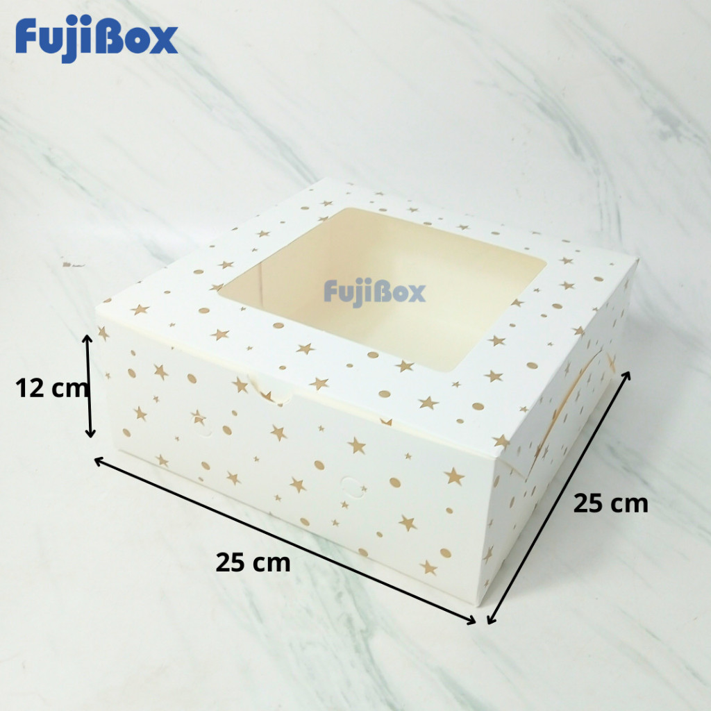 

MER.SHOP (10 Pcs) Fuji Box Dus Kotak Kue Ivory Motif Polkadot Bintang Emas 25 cm x 25 cm x 12 cm Putih Ivory Premium Jendela