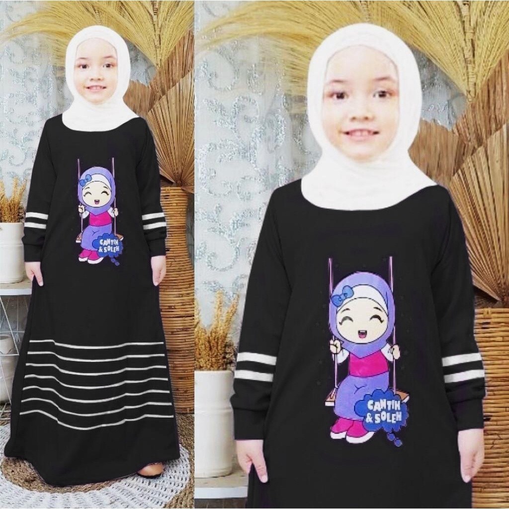 Gamis Anak Cantik & Soleha 2-12 Tahun Gambar Karakter Sablon Bahan Voxy Melar Balita Batita Murah Ki