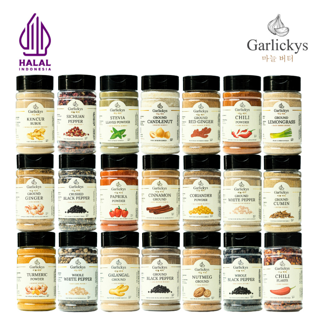 

GARLICKYS Bumbu Dapur Rempah Masak Bubuk Kunyit Ketumbar Pala Kurma Parsley Oregano Italian Herbs Jinten Cajun Paprika Lada Hitam Putih Cabe Chia Seed Kayu Manis Rosemary Sichuan Pepper Biji Mala Premium Termurah
