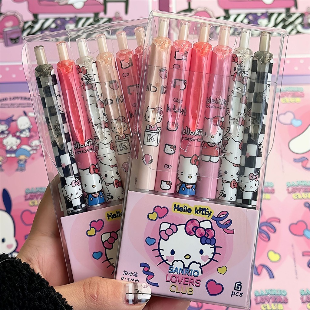 

6pcs Series 0.55mm Sanrio Hello Kitty Kuromi Gel Pen Cartoon Cute Press Pen Black Refill Y2k School Stationery Supplies