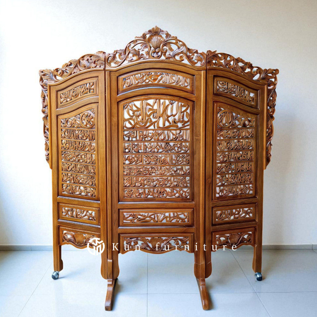 Sketsel Penyekat Ruangan Kayu Jati Ukir Kaligrafi Ayat Kursi Jepara 185x175cm