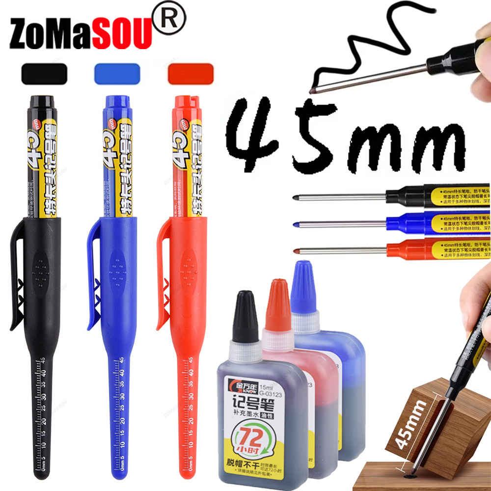 

1-6Pcs 45mm Waterproof Long Head Nib Deep Hole Markers Pen Tile Carpenter Pen Multi-purpose for Woodworking Black/Blue/Red Ink