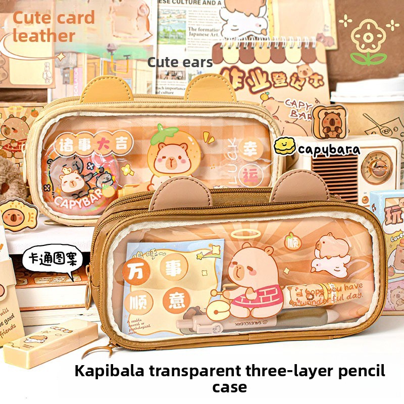 

Kapibara 3-Layer Transparent Pencil Pouch with Large Capacity and Lightweight Design School Supplies Pencil Cases for Girls