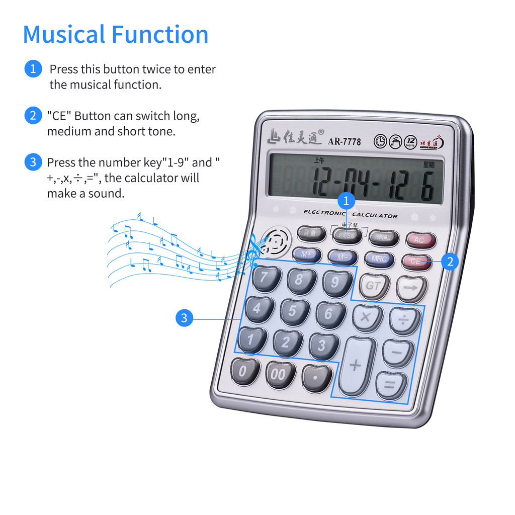 

Musical Desktop Calculator 12-gits LCD splay Electronic Calculator Counter with Music Piano Play Time Date Show Alarm Clock