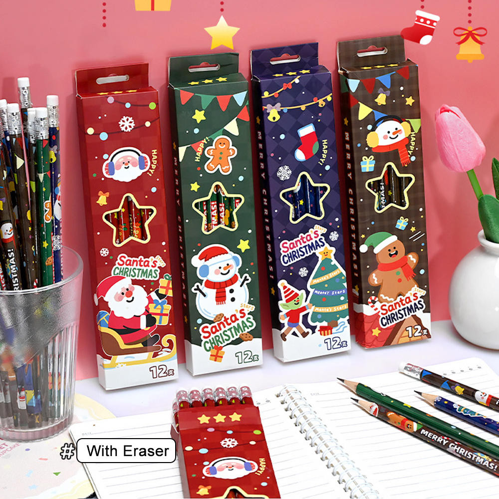 

12Pcs Cartoon Christmas Pencil Set Santa Claus Snowman Gingerbread Man Writing Painting Pencil For Kids Back To School