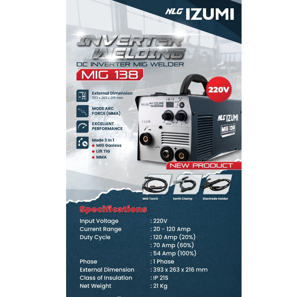 Mesin Las Izumi MIG 138 Gas Less Las CO2 Tanpa Gas 450 Watt