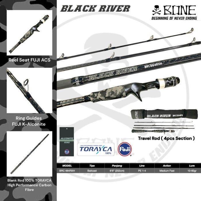 JORAN BONE BLACK RIVER BAITCASTING BRC664RXH PE 1-4 TRAVEL ROD BC
