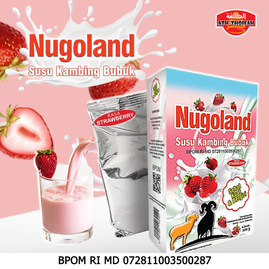 

Susu Kambing Bubuk NUGOLAND Rasa Strawberry 200 Gram Ath-Thoifah Asli Bukan Etawa Goat Milk