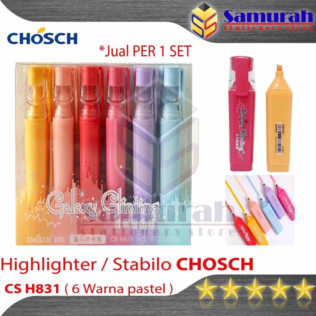 

Highlighter Gliter Chosch H831 / Spidol Penanda Warna Pastel Kilap Manik 1 set isi 6 warna Pastel