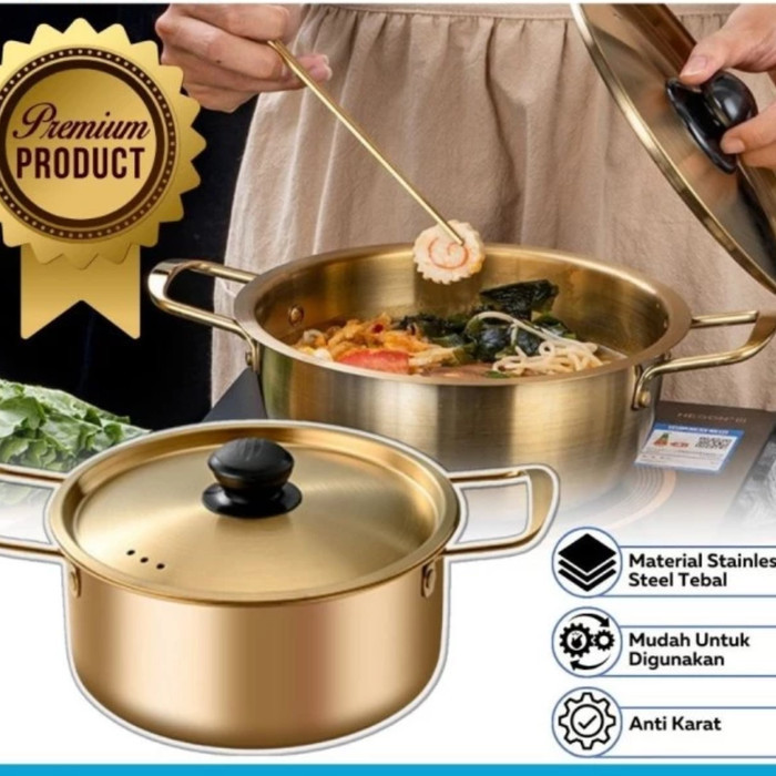 Panci Korea Ramen Ramyun Stainless Gold + Tutup 16cm - 16cm