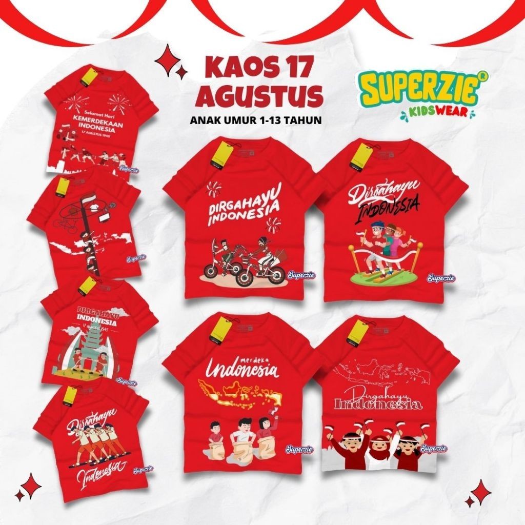 SUPERZIE Kaos Kemerdekaan Anak 17san Dirgahayu Indonesia Umur 10 Tahun Merdeka warna Merah Putih
