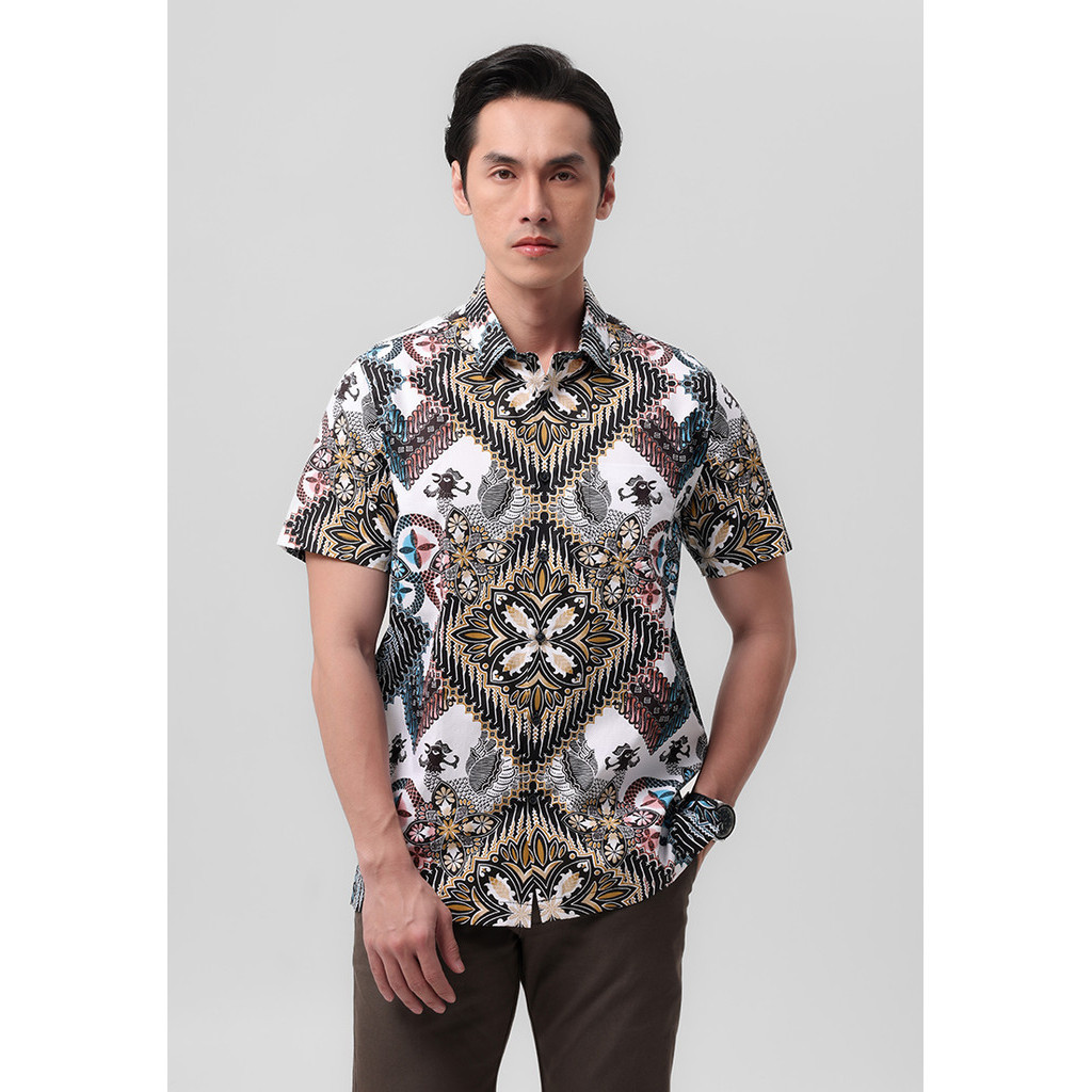 Manzone Kemeja Batik lengan Pendek Pria Modern Fit Granamukti - White