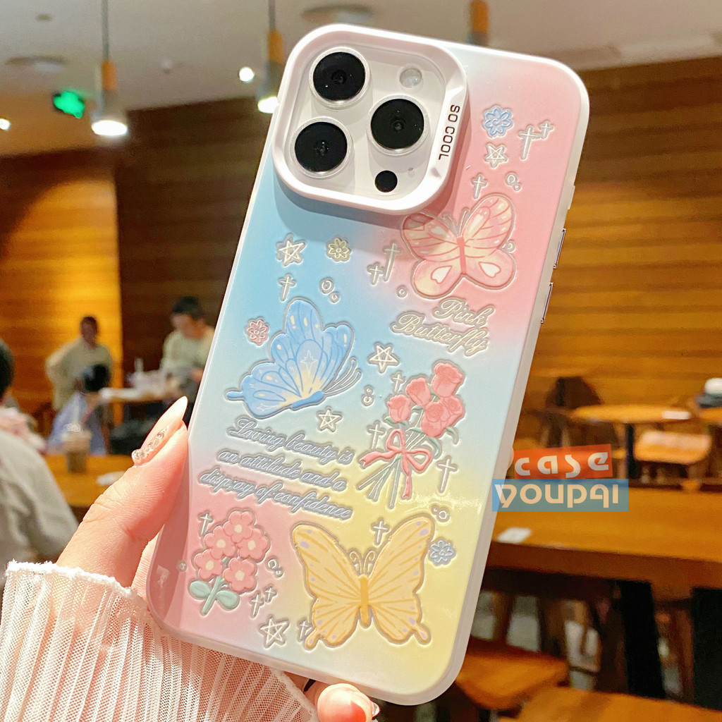 Silver White Case iPhone 13 Soft Case Pola bunga kupu-kupu berwarna-warni List Plating Full Cover Fu