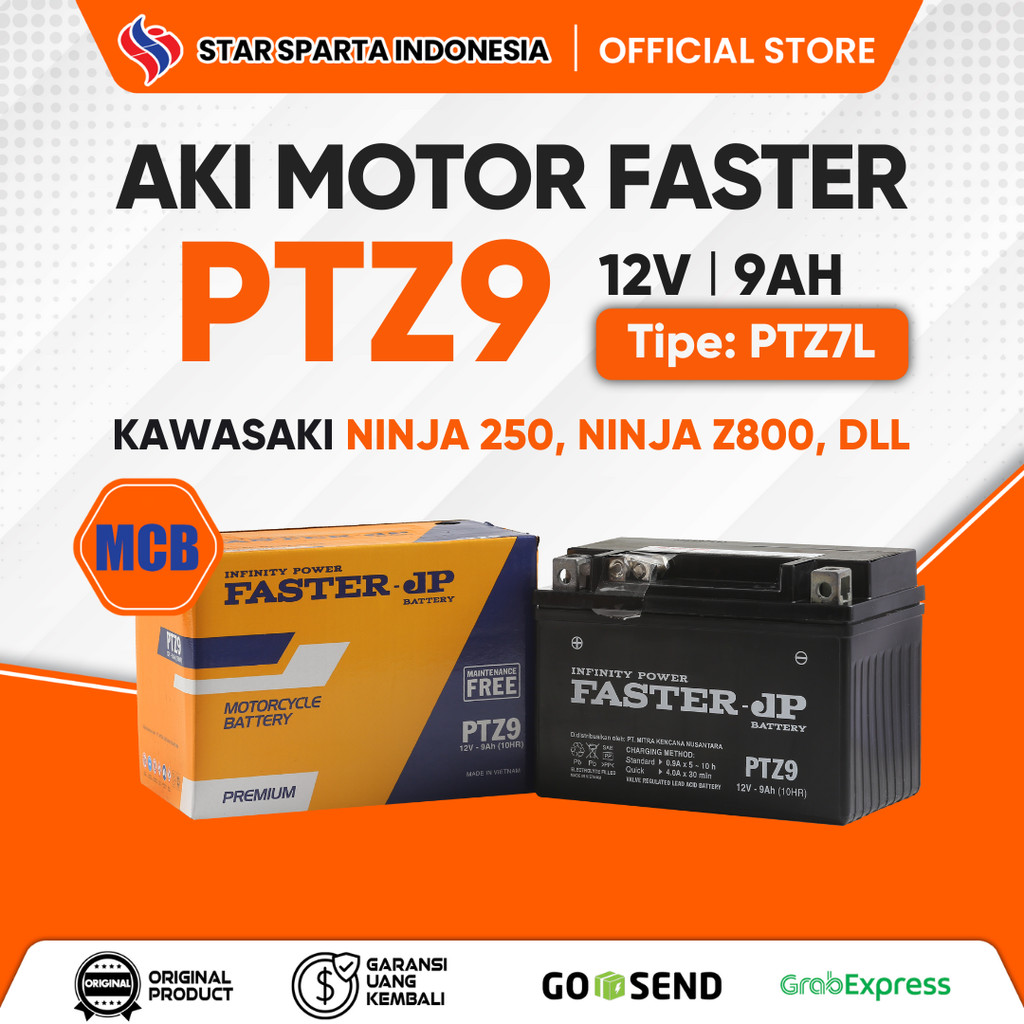 Faster JP - Aki PTZ9 12V 9Ah untuk Kawasaki NINJA 250, NINJA Z800