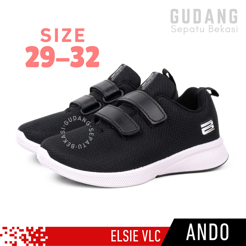 Sepatu Sekolah Anak Perempuan Balita PAUD TK SD Kelas 1 Ando Elsie Perekat Hitam Putih Size 29-32