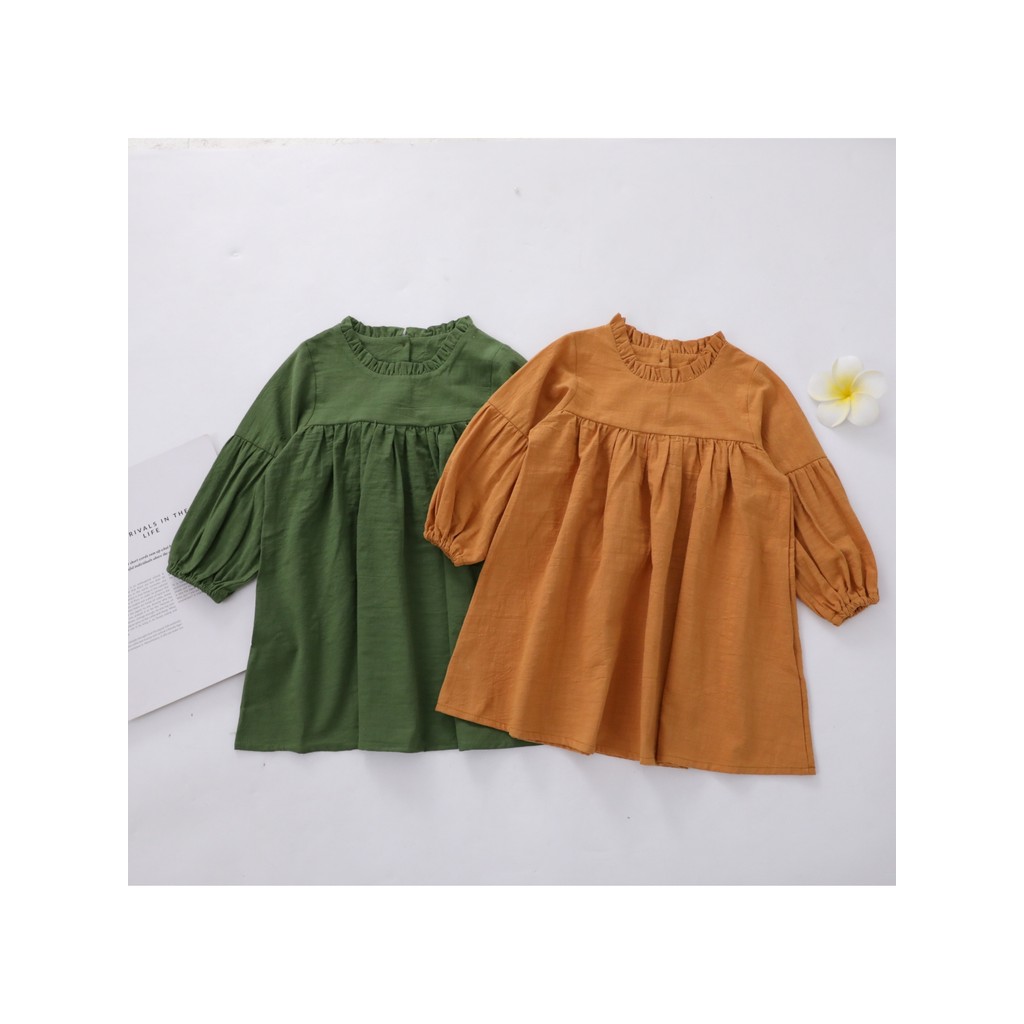 Girls' Cotton and Linen Solid Color Autumn Long Sleeve Dress Children's New Long Sleeve Jumpsuit Gir