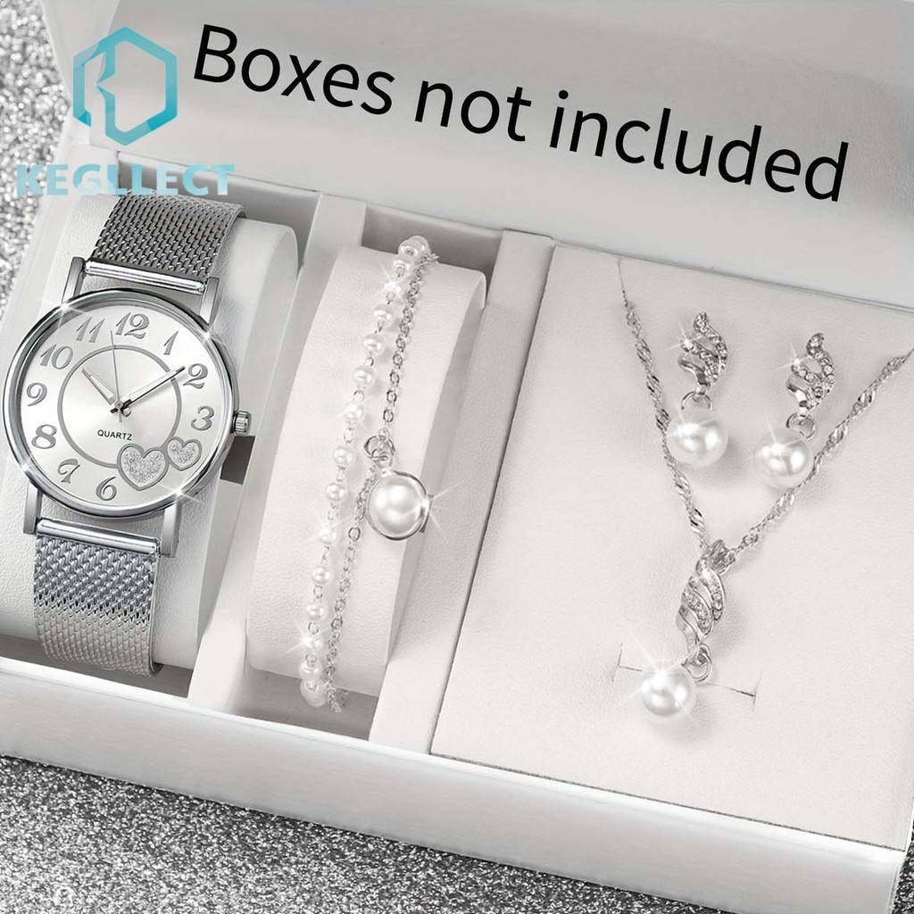 Jam Tangan Kuarsa Wanita Sederhana Penunjuk Cinta Dial Tali Baja Tahan Karat Dengan Set Perhiasan
