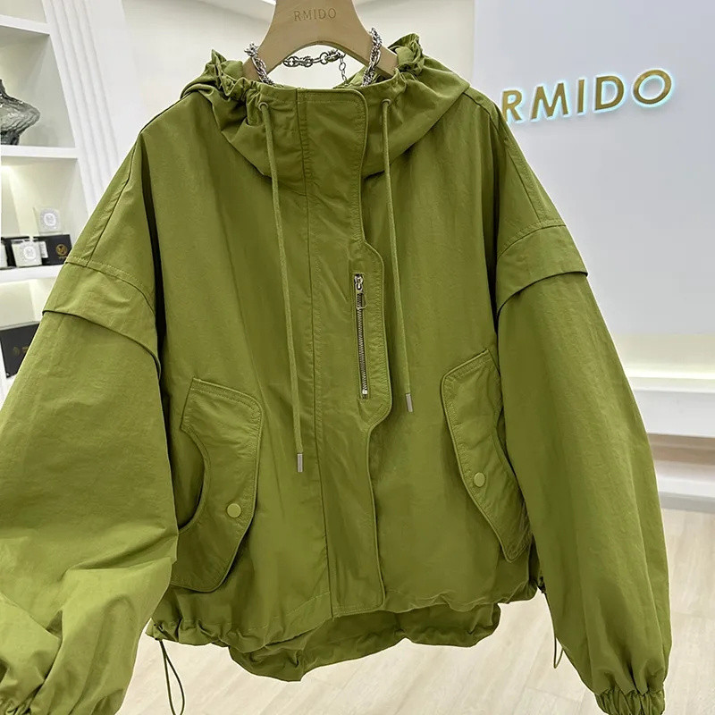 

2024 Fashion Spliced Zipper Shirring Printed Hooded Coats Women's Clothing Autumn Winter Loose Casual Windbreake Tops Jackets