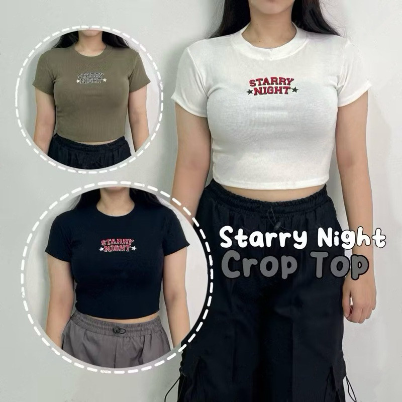 YOSSA - ZGW KAOS CROP TOP WANITA UFA / Crop Top STARRY NIGHT Rib (LD 88, P 40) / Crop Top Lengan Pen