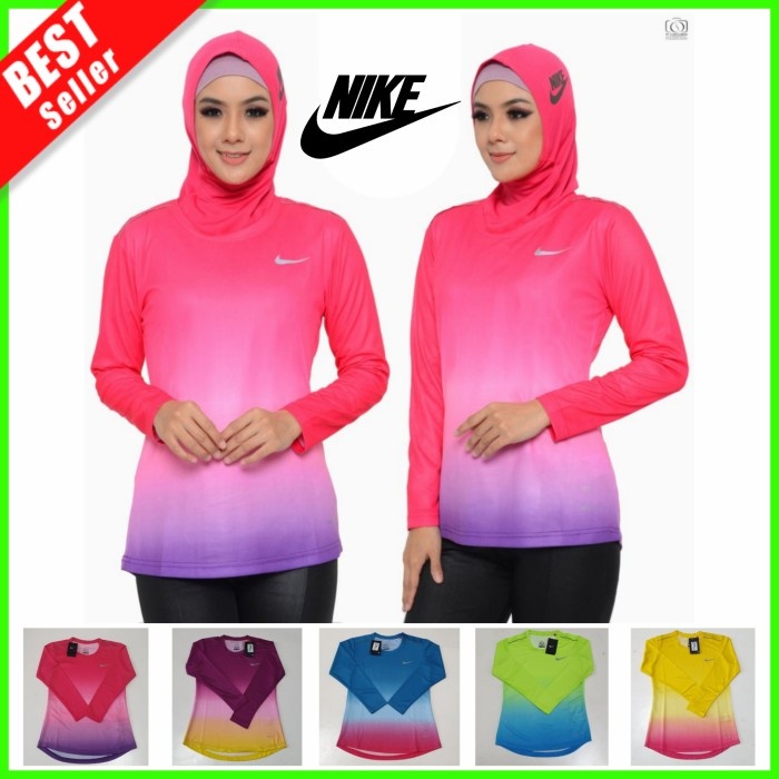 Baju OlahRaga Wanita Lengan Panjang Kaos Senam Training Muslimah Hijab - Green, L