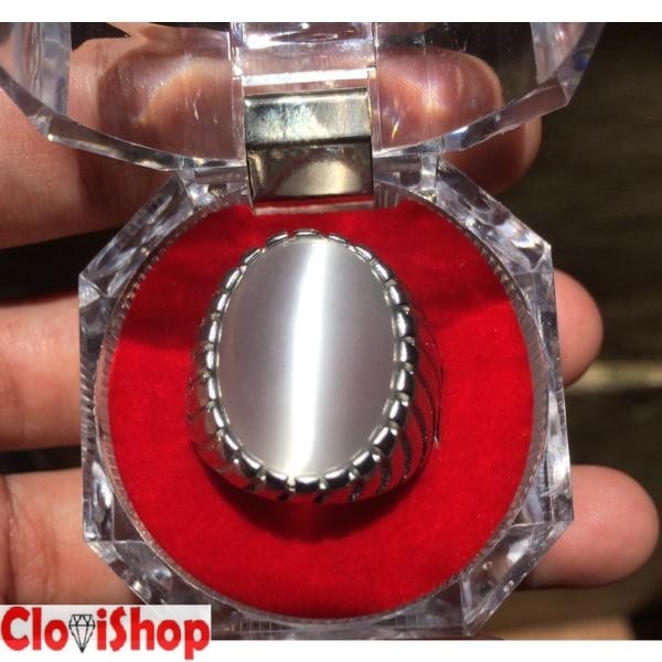 Cincin Titanium  Tanam Zebra Batu Akik Cat Eye Susu Atau Warna Putih HQ