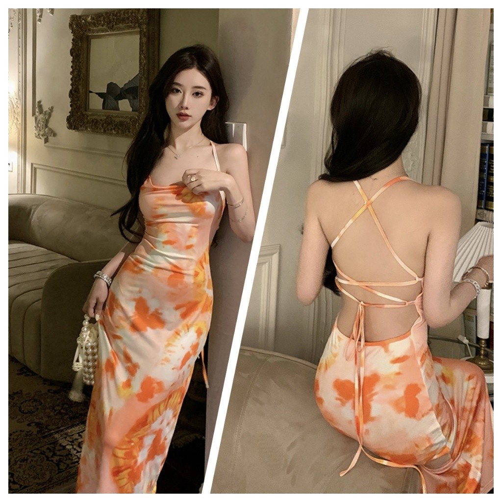 baju summer flowy long dress orange halter backless floral vintage gaun pantai wanita kekinian pesta