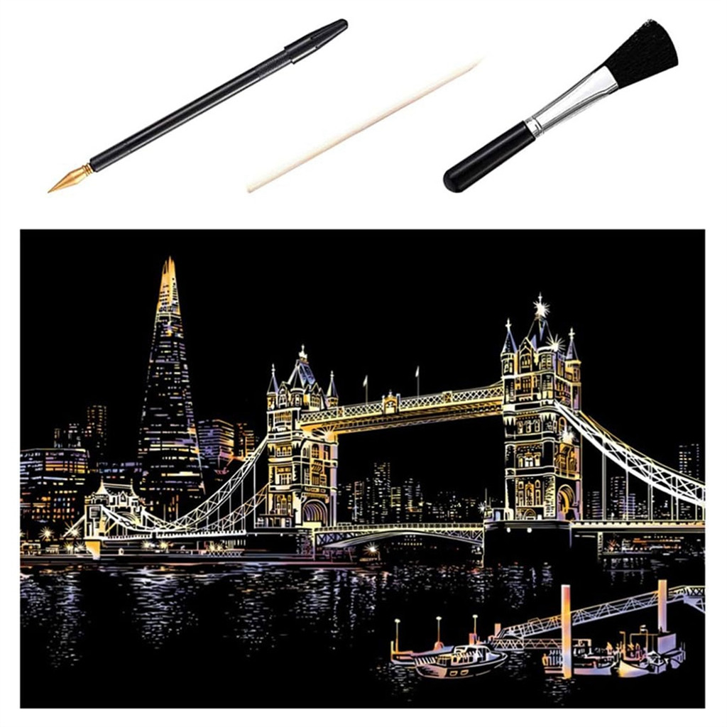 

Adults Scratch Painting London Tower Bridge Picture & 3Pcs Tools Craft and Art-Supplies Gifts Set