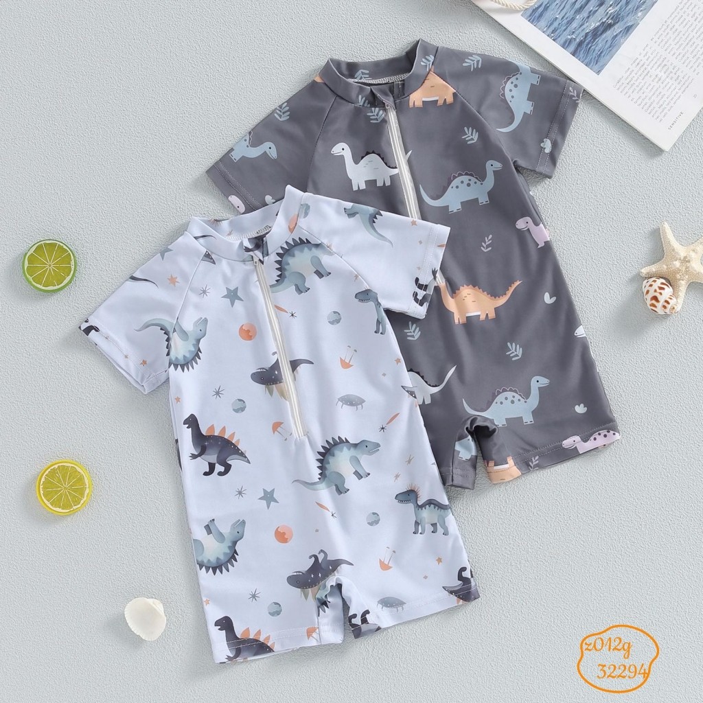 Baju Renang Dinosaurus untuk Bayi Laki-laki, Leher Bulat, Setengah Ritsleting, Lengan Pendek, Pelind