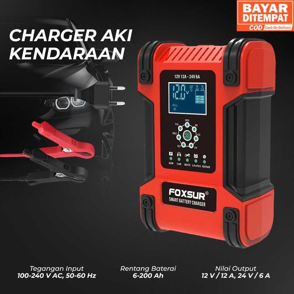 ( COD HNstore20 )  FOXSUR Charger Aki Kendaraan 150W 12-24V 12A 200Ah with LCD - FBC122412D