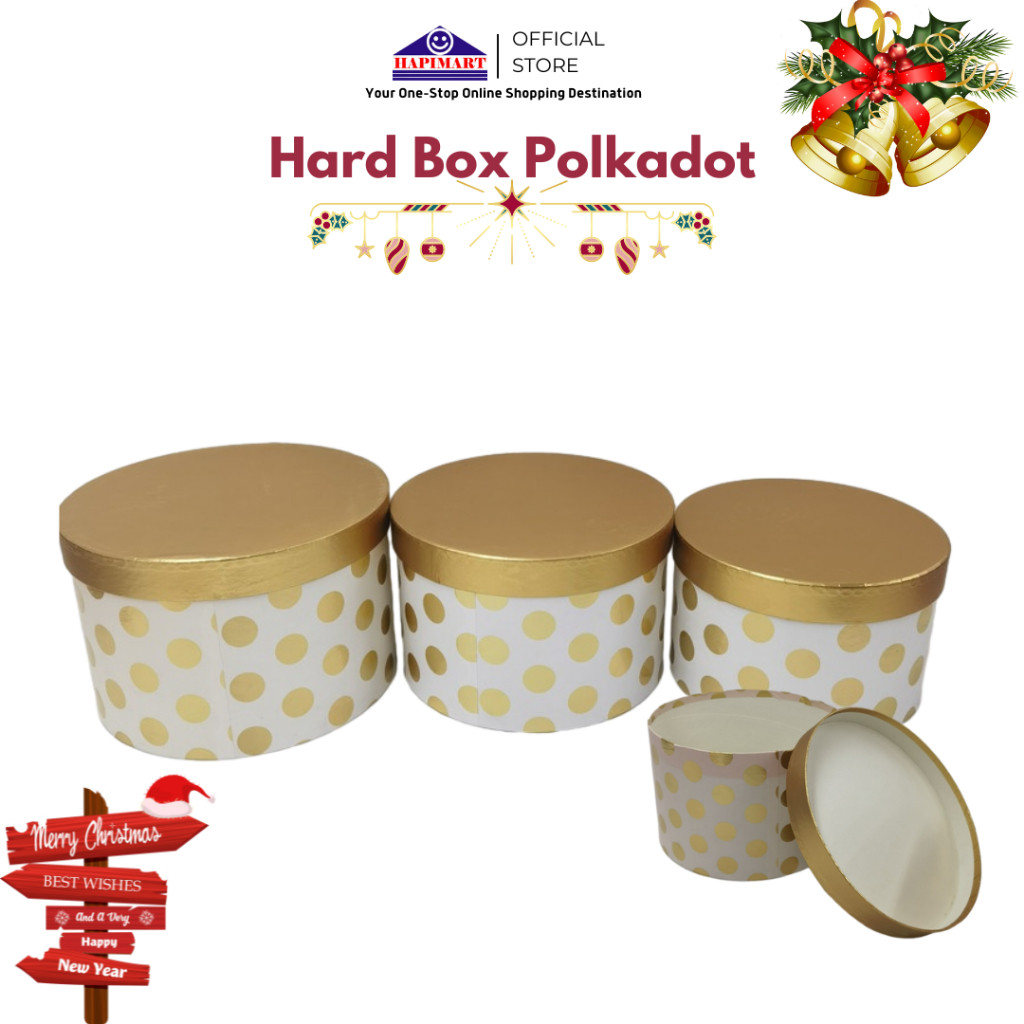 Gift Box Bulat/Box Kado/Box untuk Hampers/Kotak Kado/Round Box Polkadot Warna Putih Gold Ukuran Medi