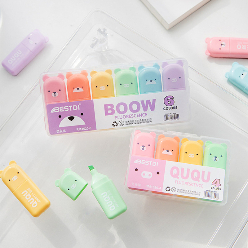 

4/5/6pcs Cartoon Bear Color Highlighter Marker Pens Set 1-3mm Oblique Tip Spot Liner Drawing Highlighting Tools School A6283