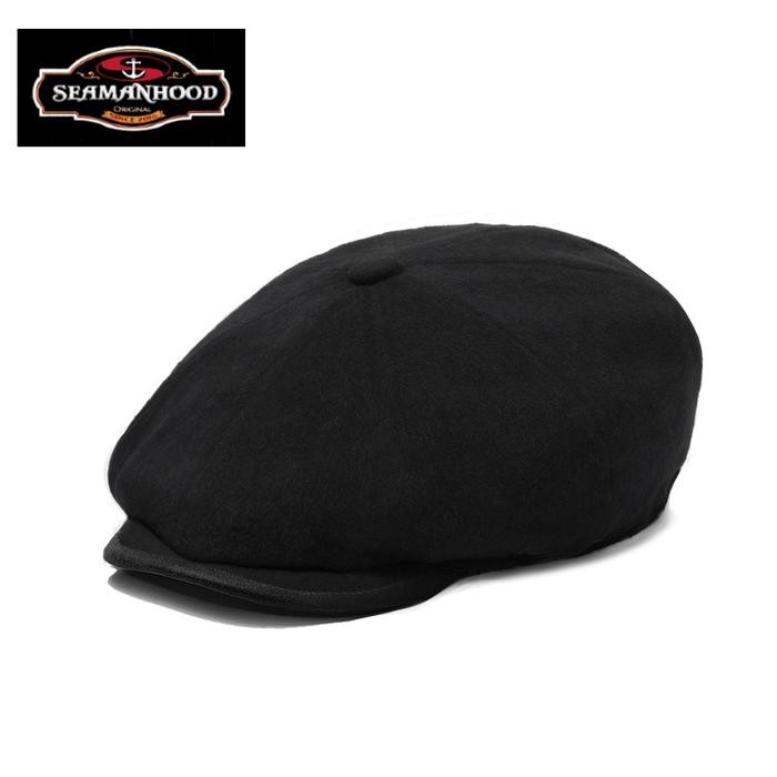 Topi Newsboy Hat Gatsby Style Original Seamanhood Flat Cap Wool Black Kombinasi Kulit - Hitam, 54cm