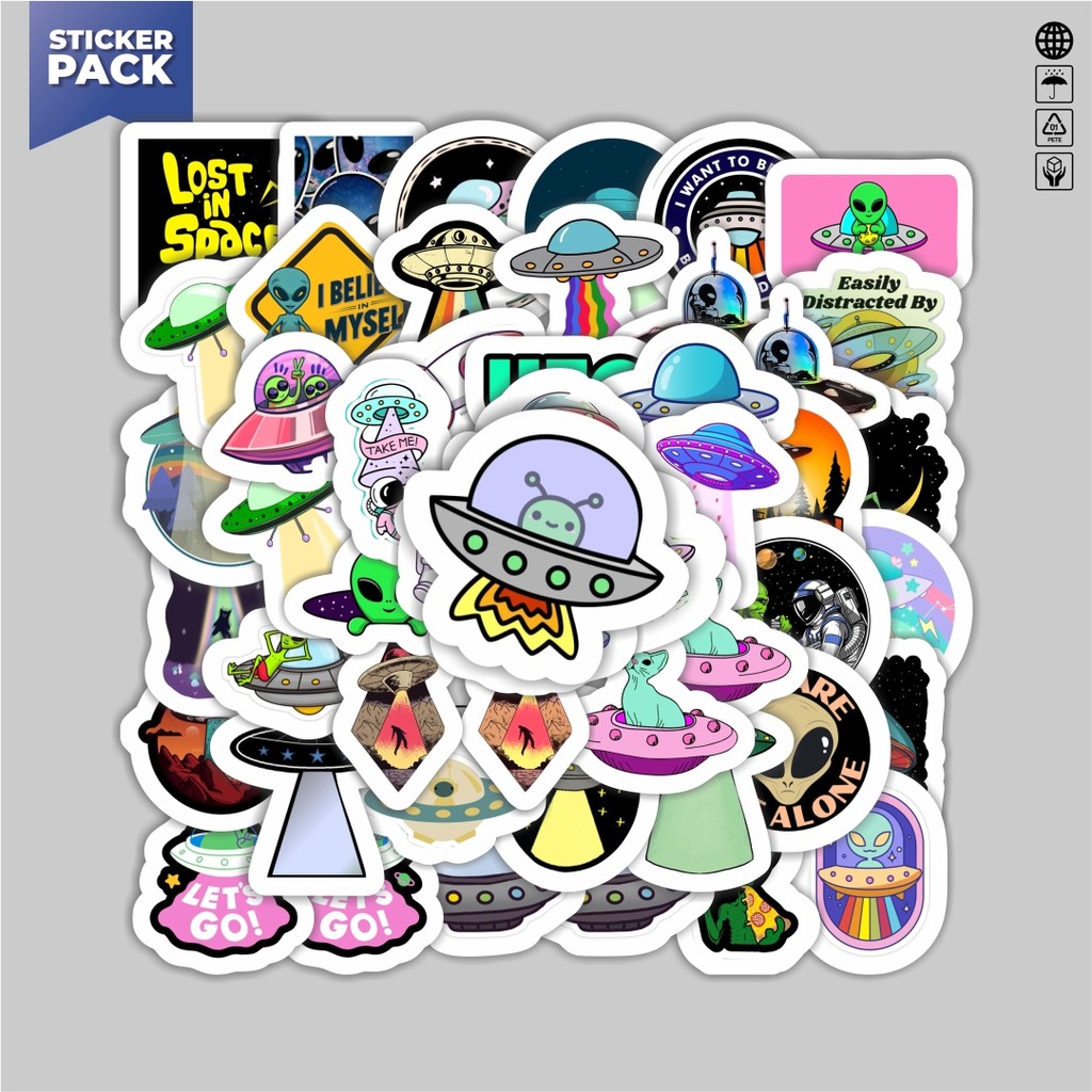 

[100PCS]Stiker Pack Stiker UFO Aesthetic Vinyl Anti Air Dekorasi Sticker Laptop Buku Journal Koper Helm Casing HP Gitar Helm Skateboard