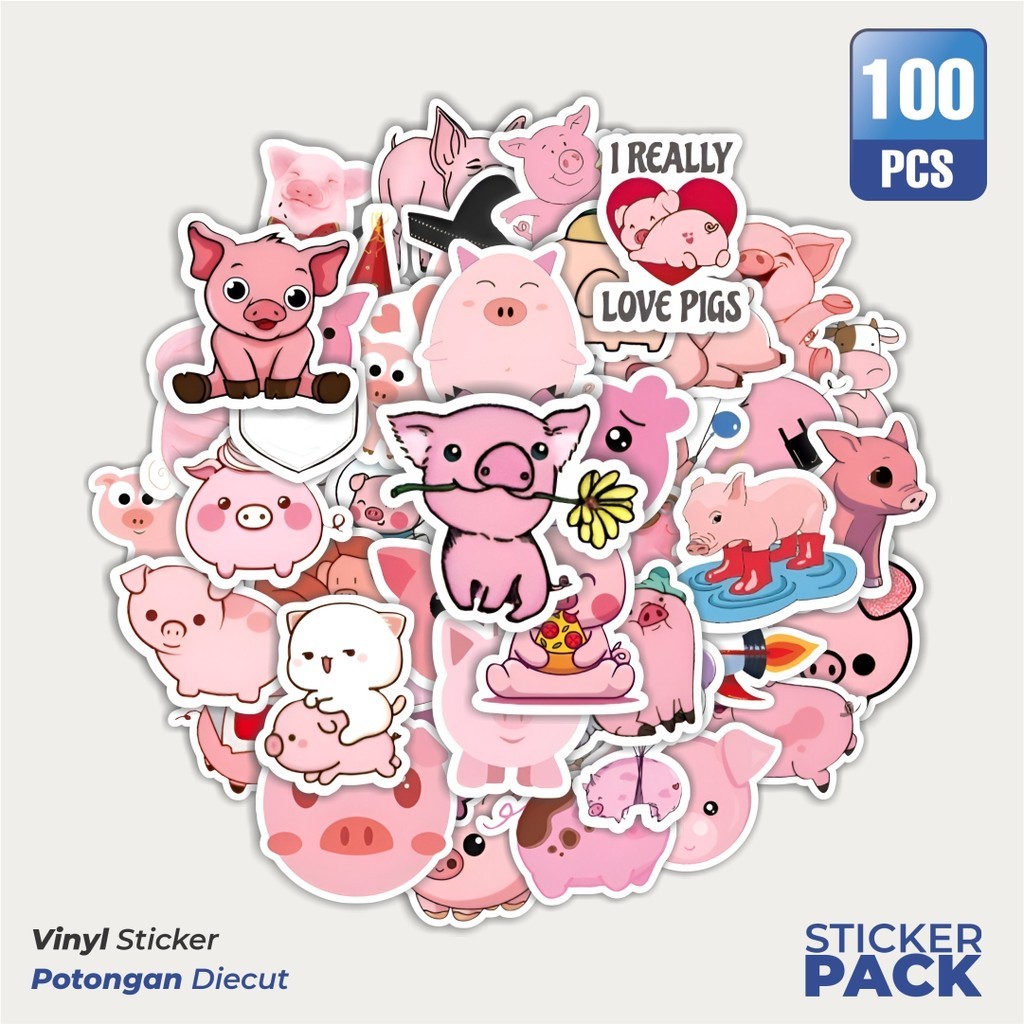 

MURAH 100 PCS Stiker Hewan Babi Piggy Pink Waterproof Aesthetic- Untuk Laptop, Motor, dan Helm - Paper Stationery Pack